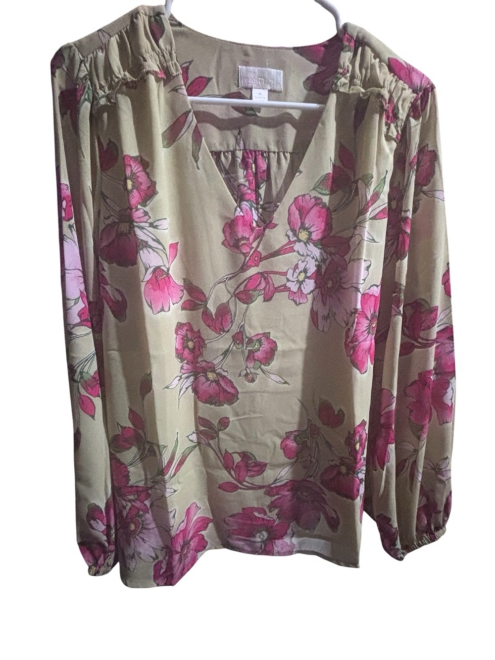 Belle by Kim Gravel Olive Blouse with Pink Floral Print